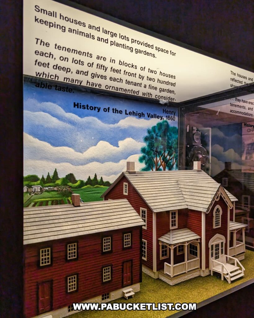 Exhibit at Eckley Miners’ Village in Luzerne County, Pennsylvania, featuring a model of red-painted miners’ homes and gardens, illustrating how small houses with large lots provided space for animals and planting during the 19th century.