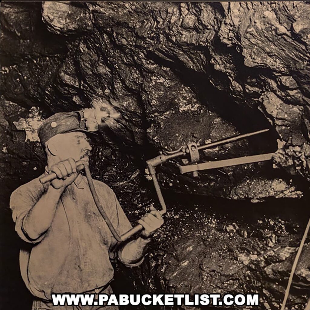 Historic black-and-white photo on display at Eckley Miners’ Village museum showing an anthracite coal miner using a hand drill inside a mine.
