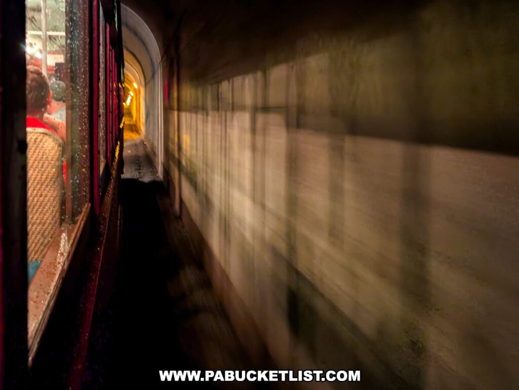 Passengers ride through the dimly lit Laurel Line tunnel on the Electric City Trolley Museum’s 5.5 mile round-trip excursion in Lackawanna County, with the tunnel walls rushing past the windows.