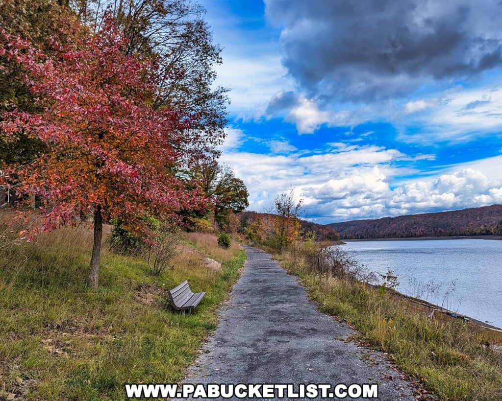 Pathside bench under vibrant red and orange autumn trees along a paved lakeside trail at Elk State Park, with hillsides of fall foliage reflecting in the calm water beneath a dramatic sky.