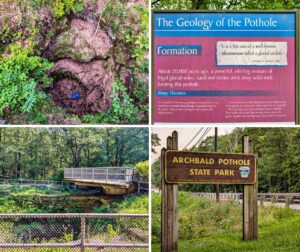 Collage of four images from Archbald Pothole State Park in Lackawanna County, Pennsylvania, featuring a top-down view of the massive glacial pothole, an educational sign explaining its geological formation, a cantilevered observation platform above the pothole, and the wooden park entrance sign near the roadside.