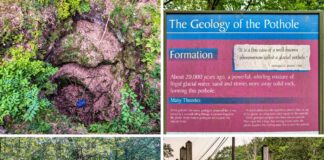 Collage of four images from Archbald Pothole State Park in Lackawanna County, Pennsylvania, featuring a top-down view of the massive glacial pothole, an educational sign explaining its geological formation, a cantilevered observation platform above the pothole, and the wooden park entrance sign near the roadside.