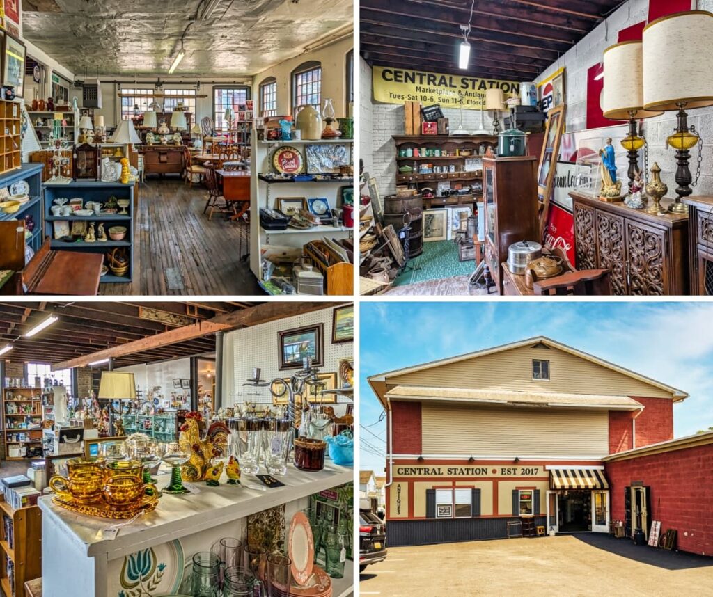 Collage of four photos from Central Station Antiques in Scranton, PA showing the exterior of the two-story antique mall and interior displays filled with vintage furniture, lamps, glassware, collectibles, and decorative items.