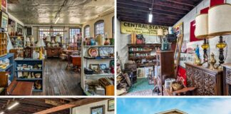 Collage of four photos from Central Station Antiques in Scranton, PA showing the exterior of the two-story antique mall and interior displays filled with vintage furniture, lamps, glassware, collectibles, and decorative items.