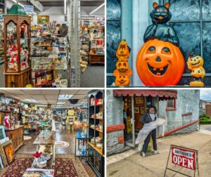 A four-panel collage showcasing Duchess Outlet Antiques in Pittston, PA. The top-left and bottom-left panels display the interior of the two-level, 6,000 sq ft multi-vendor store, filled with various antiques, collectibles, and vintage goods displayed on shelves, in cabinets, and across the spacious floor. The top-right panel focuses on a whimsical Halloween-themed display featuring a black cat perched on a large pumpkin, flanked by smaller pumpkin figures, set against a window. The bottom-right panel shows the exterior of the store, housed in the old Pittston Stove Building, with a sign reading "ANTIQUES OPEN" and a mannequin in a suit holding a white dress near the entrance.