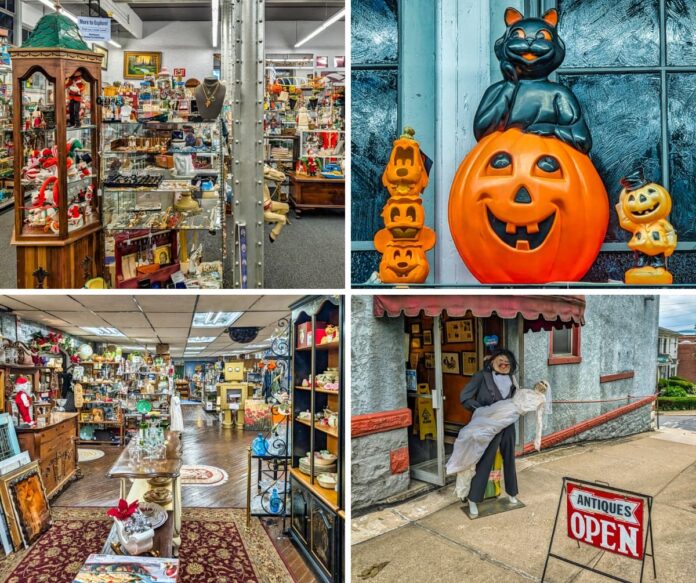 A four-panel collage showcasing Duchess Outlet Antiques in Pittston, PA. The top-left and bottom-left panels display the interior of the two-level, 6,000 sq ft multi-vendor store, filled with various antiques, collectibles, and vintage goods displayed on shelves, in cabinets, and across the spacious floor. The top-right panel focuses on a whimsical Halloween-themed display featuring a black cat perched on a large pumpkin, flanked by smaller pumpkin figures, set against a window. The bottom-right panel shows the exterior of the store, housed in the old Pittston Stove Building, with a sign reading "ANTIQUES OPEN" and a mannequin in a suit holding a white dress near the entrance.