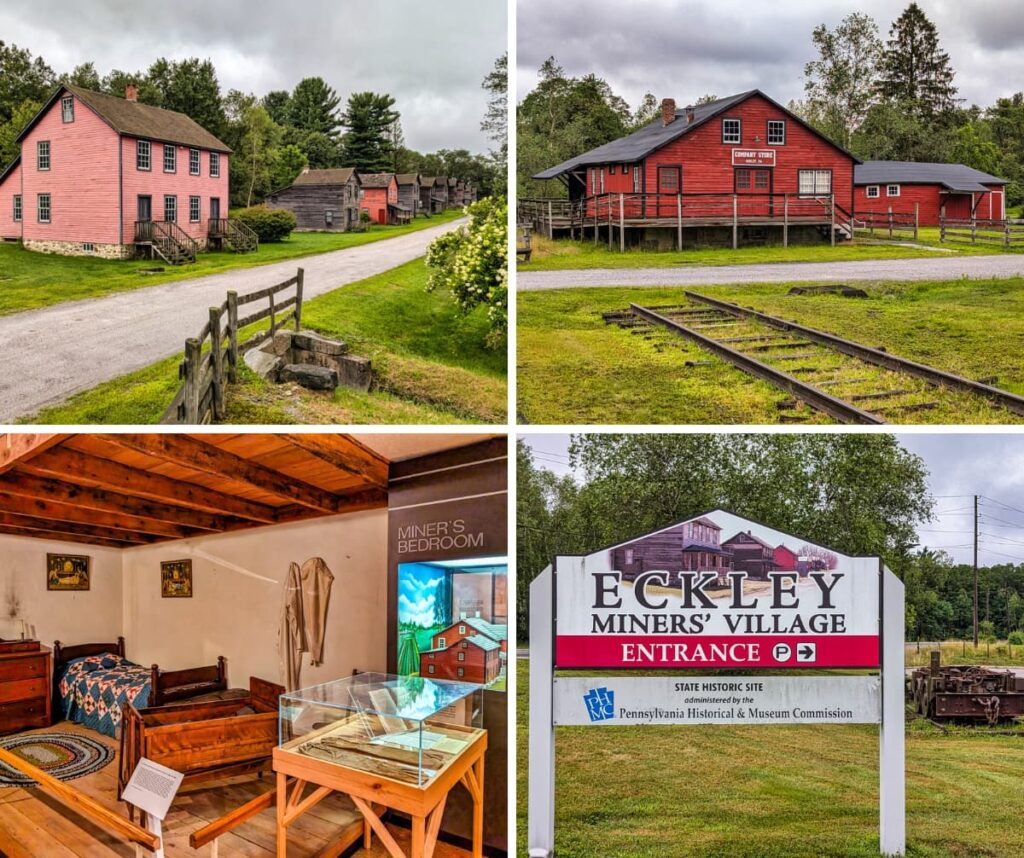 Collage of four photos showcasing Eckley Miners’ Village in Luzerne County, Pennsylvania, featuring rows of preserved 19th-century miners’ houses, the red company store with railroad tracks in the foreground, a recreated miner’s bedroom with period furnishings and artifacts, and the entrance sign marking the historic coal patch town museum operated by the Pennsylvania Historical and Museum Commission.