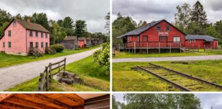 Collage of four photos showcasing Eckley Miners’ Village in Luzerne County, Pennsylvania, featuring rows of preserved 19th-century miners’ houses, the red company store with railroad tracks in the foreground, a recreated miner’s bedroom with period furnishings and artifacts, and the entrance sign marking the historic coal patch town museum operated by the Pennsylvania Historical and Museum Commission.