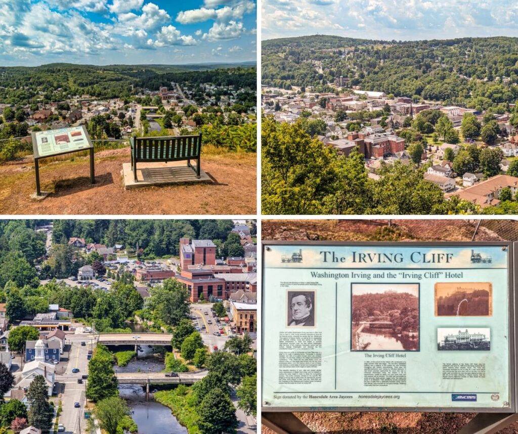 Collage of four photos taken at Irving Cliff in Wayne County, PA, featuring panoramic views of Honesdale from the scenic overlook, a double-bridge crossing the Lackawaxen River in the heart of town, and an informational sign detailing the connection between Washington Irving and the historic Irving Cliff Hotel.