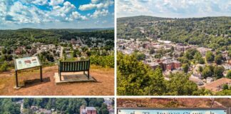 Collage of four photos taken at Irving Cliff in Wayne County, PA, featuring panoramic views of Honesdale from the scenic overlook, a double-bridge crossing the Lackawaxen River in the heart of town, and an informational sign detailing the connection between Washington Irving and the historic Irving Cliff Hotel.