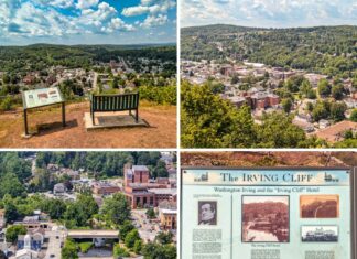 Collage of four photos taken at Irving Cliff in Wayne County, PA, featuring panoramic views of Honesdale from the scenic overlook, a double-bridge crossing the Lackawaxen River in the heart of town, and an informational sign detailing the connection between Washington Irving and the historic Irving Cliff Hotel.