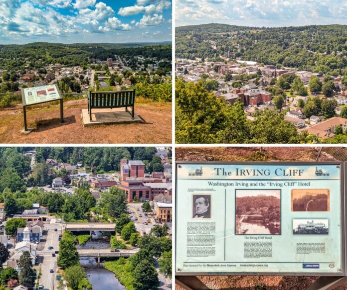Collage of four photos taken at Irving Cliff in Wayne County, PA, featuring panoramic views of Honesdale from the scenic overlook, a double-bridge crossing the Lackawaxen River in the heart of town, and an informational sign detailing the connection between Washington Irving and the historic Irving Cliff Hotel.