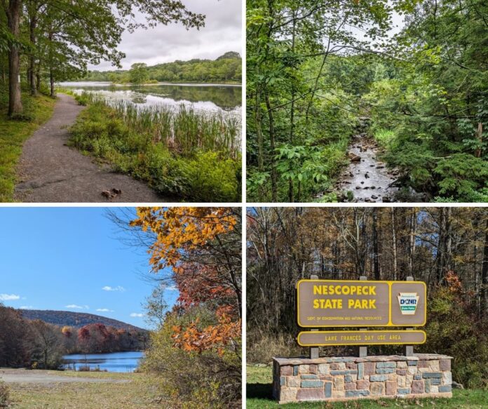 Collage of scenes from Nescopeck State Park in Luzerne County featuring a lakeside trail, rocky Nescopeck Creek, autumn foliage around Lake Frances, and the park entrance sign.