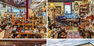 Collage of four photos showcasing Wexford General Store Antiques in Allegheny County, PA, featuring exterior views of the historic building alongside interior scenes filled with vintage furniture, collectibles, glassware, and decorative antiques displayed throughout the multi-level shop.
