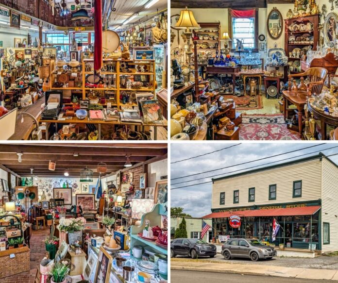 Collage of four photos showcasing Wexford General Store Antiques in Allegheny County, PA, featuring exterior views of the historic building alongside interior scenes filled with vintage furniture, collectibles, glassware, and decorative antiques displayed throughout the multi-level shop.
