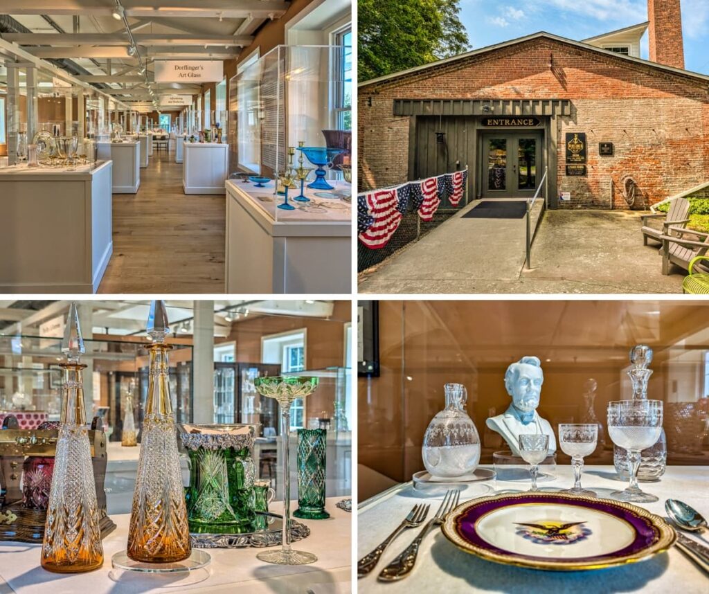 Collage of four photos from the Dorflinger Factory Museum in Wayne County, PA, featuring the main glassware exhibit hall, the museum entrance, a display of amber and green cut glass pieces, and a presidential table setting with glassware designed for Abraham Lincoln.