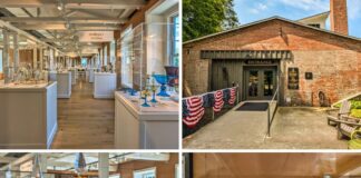 Collage of four photos from the Dorflinger Factory Museum in Wayne County, PA, featuring the main glassware exhibit hall, the museum entrance, a display of amber and green cut glass pieces, and a presidential table setting with glassware designed for Abraham Lincoln.