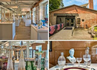Collage of four photos from the Dorflinger Factory Museum in Wayne County, PA, featuring the main glassware exhibit hall, the museum entrance, a display of amber and green cut glass pieces, and a presidential table setting with glassware designed for Abraham Lincoln.