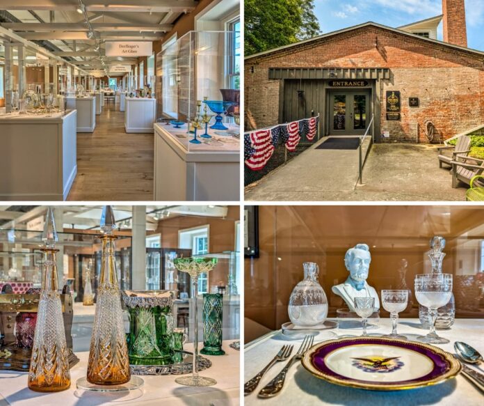 Collage of four photos from the Dorflinger Factory Museum in Wayne County, PA, featuring the main glassware exhibit hall, the museum entrance, a display of amber and green cut glass pieces, and a presidential table setting with glassware designed for Abraham Lincoln.