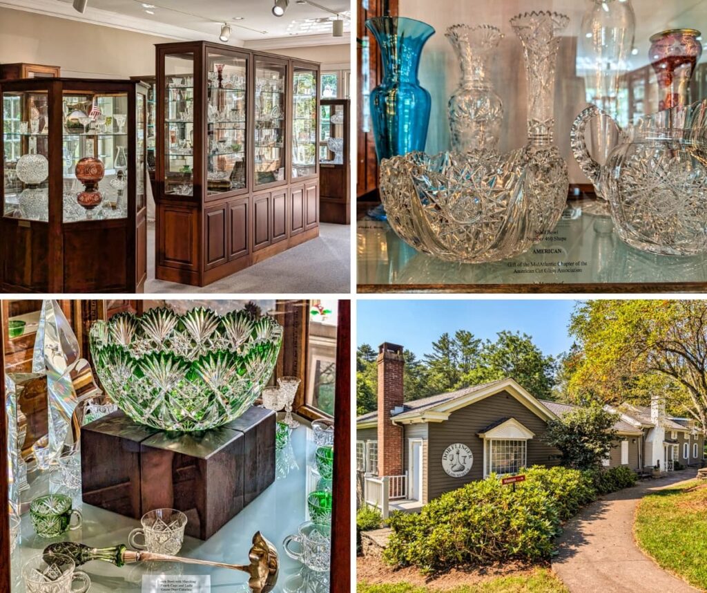 Collage of four scenes from the Dorflinger Glass Museum in Wayne County, PA, featuring ornate glass display cases, intricate cut-glass pieces, a green cut-to-clear punch bowl set, and the exterior of the museum building.