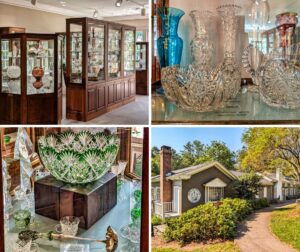 Collage of four scenes from the Dorflinger Glass Museum in Wayne County, PA, featuring ornate glass display cases, intricate cut-glass pieces, a green cut-to-clear punch bowl set, and the exterior of the museum building.