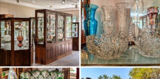 Collage of four scenes from the Dorflinger Glass Museum in Wayne County, PA, featuring ornate glass display cases, intricate cut-glass pieces, a green cut-to-clear punch bowl set, and the exterior of the museum building.