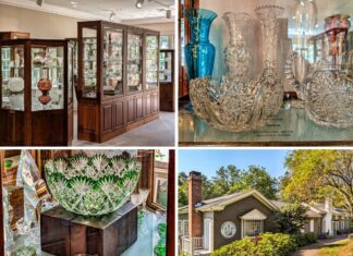 Collage of four scenes from the Dorflinger Glass Museum in Wayne County, PA, featuring ornate glass display cases, intricate cut-glass pieces, a green cut-to-clear punch bowl set, and the exterior of the museum building.