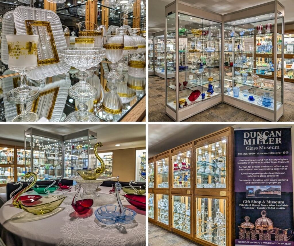 Collage of four photos from the Duncan and Miller Glass Museum in Washington, PA featuring decorative glassware displays, colorful glass swan bowls, intricate vintage pieces, and a museum banner highlighting visitor information and tour details.
