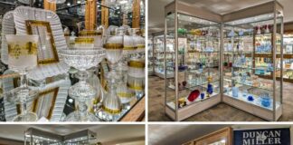 Collage of four photos from the Duncan and Miller Glass Museum in Washington, PA featuring decorative glassware displays, colorful glass swan bowls, intricate vintage pieces, and a museum banner highlighting visitor information and tour details.