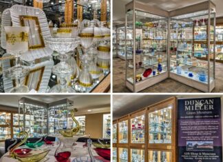 Collage of four photos from the Duncan and Miller Glass Museum in Washington, PA featuring decorative glassware displays, colorful glass swan bowls, intricate vintage pieces, and a museum banner highlighting visitor information and tour details.