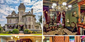 Collage of four images featuring the Jackson Mansion in Berwick, Pennsylvania, including its grand stone exterior, an opulent green-walled parlor with chandeliers and ornate furnishings, an elegant Victorian bedroom with white and gold accents, and a richly decorated room with stained glass windows and a portrait of Colonel Clarence G. Jackson.