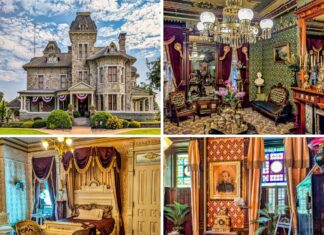 Collage of four images featuring the Jackson Mansion in Berwick, Pennsylvania, including its grand stone exterior, an opulent green-walled parlor with chandeliers and ornate furnishings, an elegant Victorian bedroom with white and gold accents, and a richly decorated room with stained glass windows and a portrait of Colonel Clarence G. Jackson.