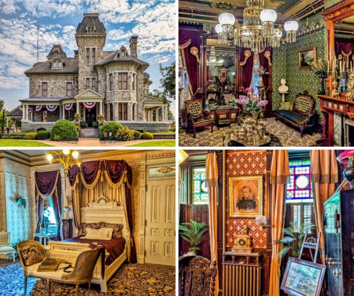 Collage of four images featuring the Jackson Mansion in Berwick, Pennsylvania, including its grand stone exterior, an opulent green-walled parlor with chandeliers and ornate furnishings, an elegant Victorian bedroom with white and gold accents, and a richly decorated room with stained glass windows and a portrait of Colonel Clarence G. Jackson.