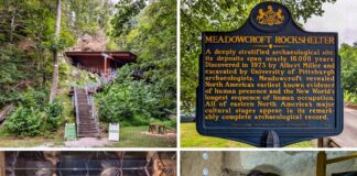 Collage of four photos at Meadowcroft Rockshelter and Historic Village in Washington County, PA, showing the entrance to the archaeological rockshelter built into a hillside, a historic marker explaining the site’s significance, a museum exhibit displaying prehistoric artifacts with interpretive artwork, and an archaeologist actively excavating inside the shelter.