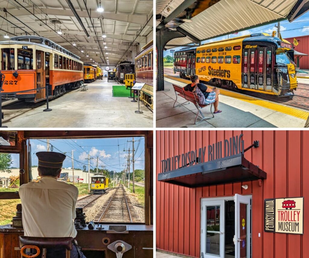 Collage of four images from the Pennsylvania Trolley Museum in Washington County, Pennsylvania, showing vintage trolleys inside the Trolley Display Building, a Steelers-themed trolley at the boarding platform, a motorman operating a trolley during an excursion, and the entrance to the museum’s Trolley Display Building.