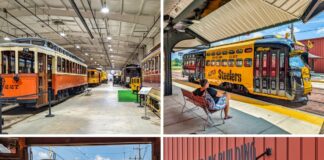 Collage of four images from the Pennsylvania Trolley Museum in Washington County, Pennsylvania, showing vintage trolleys inside the Trolley Display Building, a Steelers-themed trolley at the boarding platform, a motorman operating a trolley during an excursion, and the entrance to the museum’s Trolley Display Building.