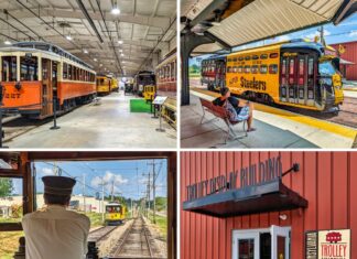Collage of four images from the Pennsylvania Trolley Museum in Washington County, Pennsylvania, showing vintage trolleys inside the Trolley Display Building, a Steelers-themed trolley at the boarding platform, a motorman operating a trolley during an excursion, and the entrance to the museum’s Trolley Display Building.