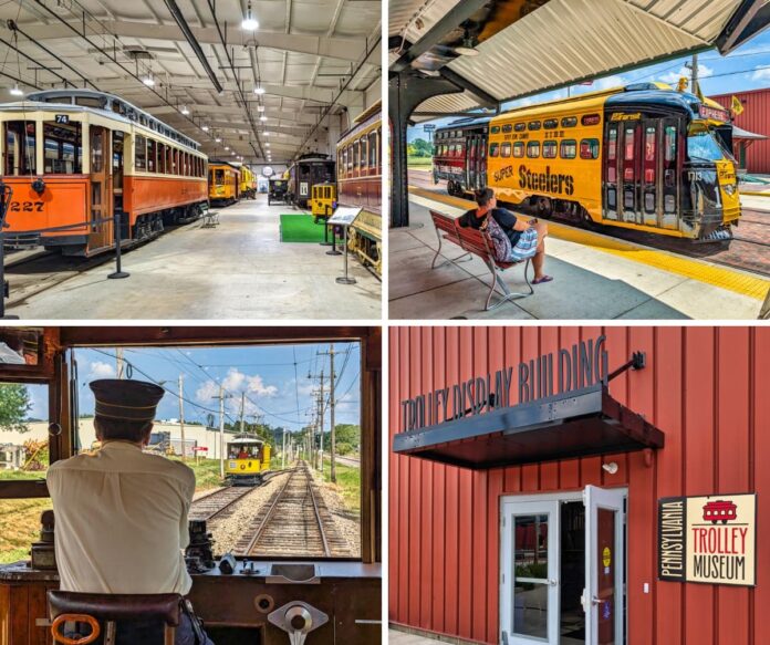 Collage of four images from the Pennsylvania Trolley Museum in Washington County, Pennsylvania, showing vintage trolleys inside the Trolley Display Building, a Steelers-themed trolley at the boarding platform, a motorman operating a trolley during an excursion, and the entrance to the museum’s Trolley Display Building.