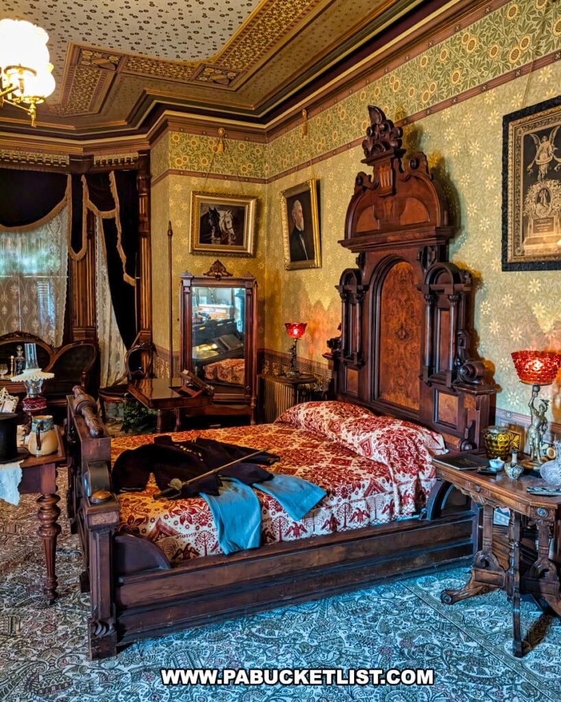 Victorian bedroom at the Jackson Mansion featuring Colonel Clarence G. Jackson’s ornate wooden bed with red and white patterned bedding, period furnishings, and intricate wallpaper under a decorative painted ceiling.