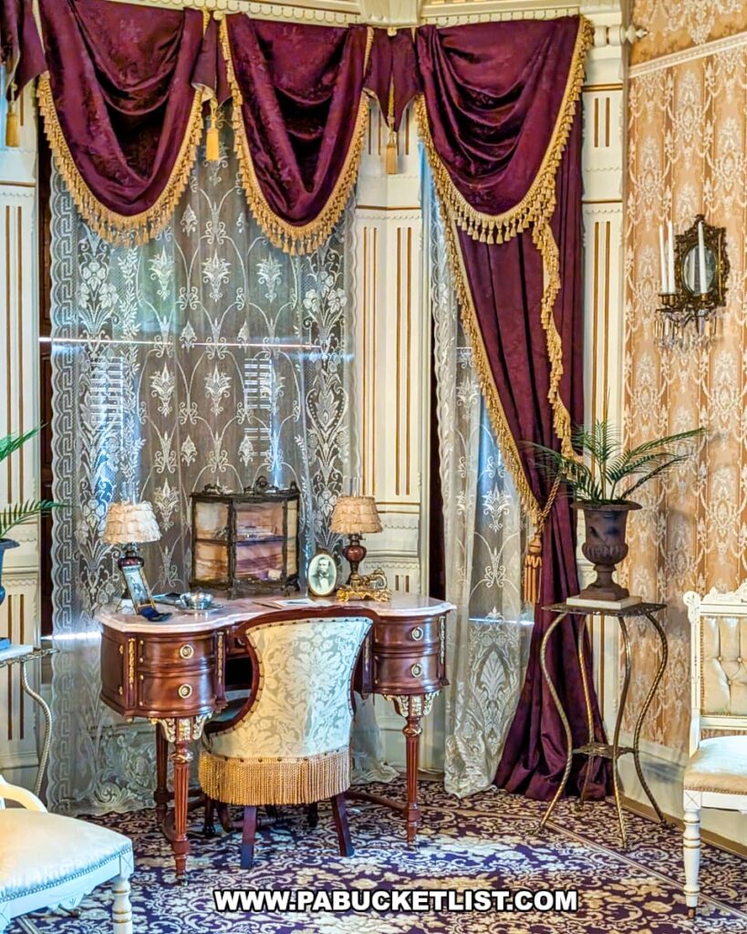 Victorian-era dressing area at the Jackson Mansion featuring an ornate wooden writing desk with a fringed upholstered chair, lace curtains framed by deep purple drapes with gold trim, and elegant period décor.