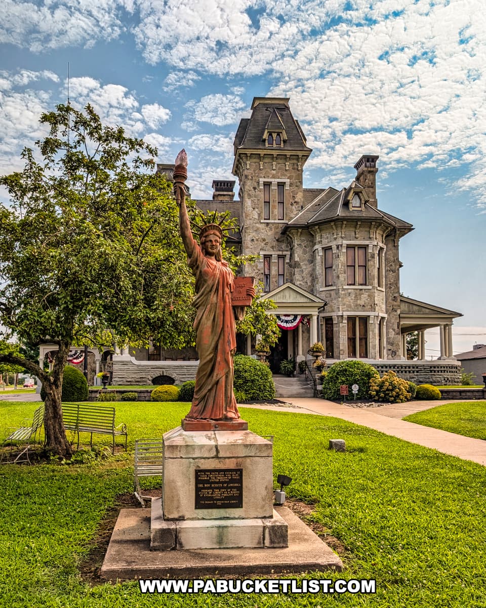 Statue of Liberty replica on the front lawn of the Jackson Mansion in Berwick, Pennsylvania, with the grand Second Empire/Italianate stone mansion serving as a backdrop under a partly cloudy sky.