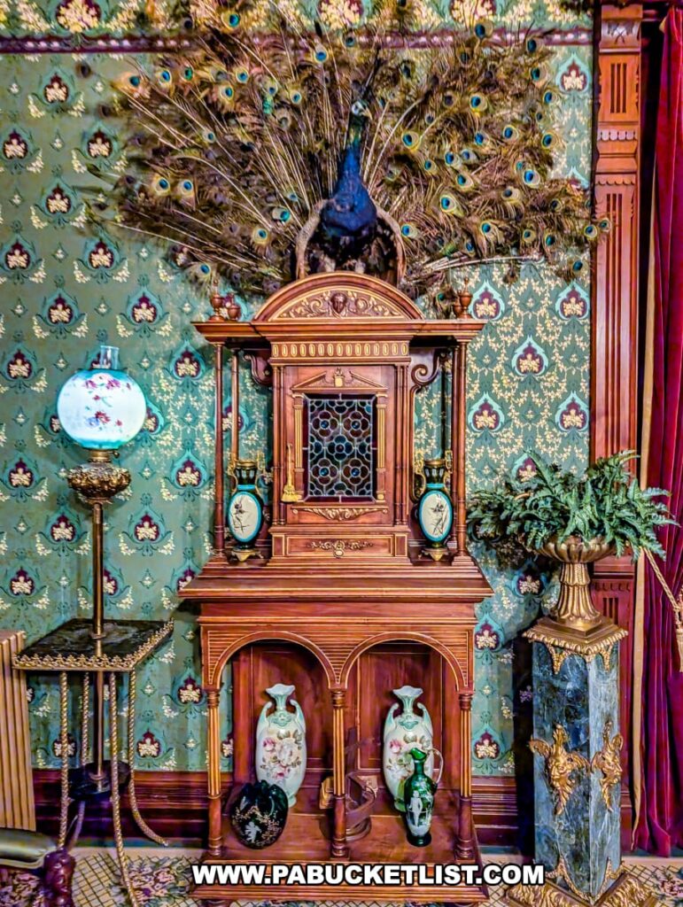 Victorian-era display at the Jackson Mansion featuring an ornate wooden cabinet topped with a taxidermy peacock, surrounded by decorative vases, a floral-patterned lamp, and green and gold patterned wallpaper.