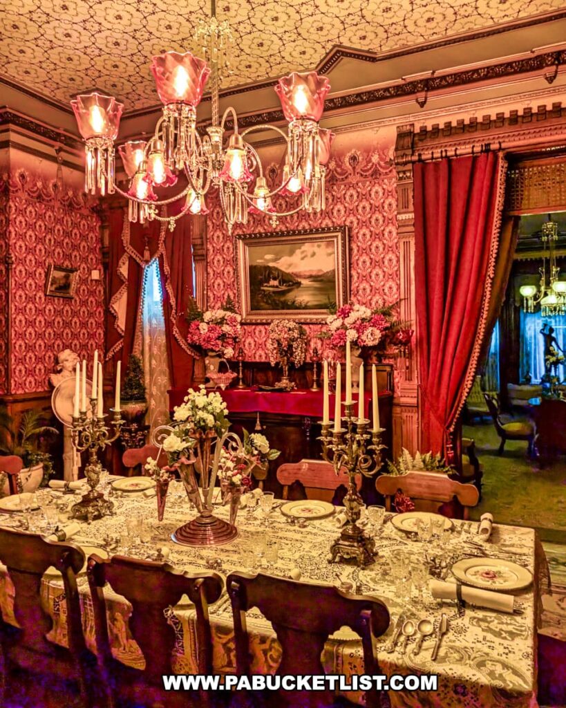 Victorian dining room at the Jackson Mansion featuring an ornate chandelier with pink glass shades, a lace-covered table set with fine china and candelabras, and richly patterned red wallpaper with matching drapes.