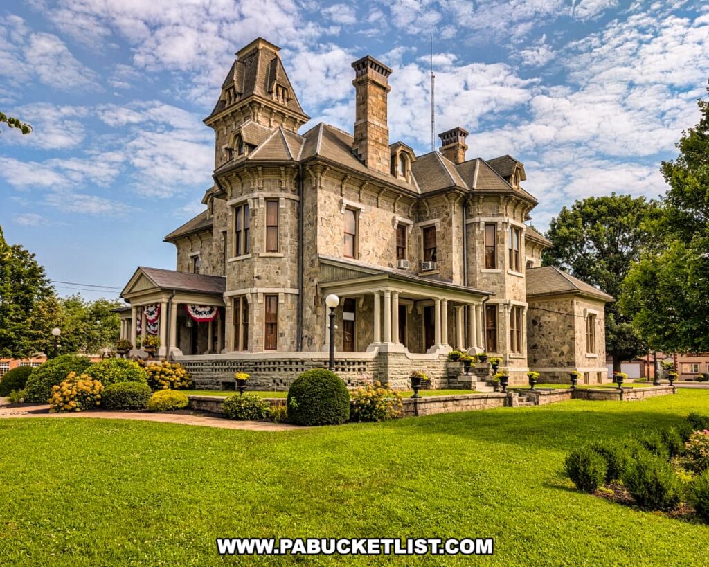 Exterior view of the Jackson Mansion in Berwick, Pennsylvania, showcasing its ornate Second Empire/Italianate architecture, Vermont stone façade, central tower, and wraparound porch surrounded by manicured gardens.