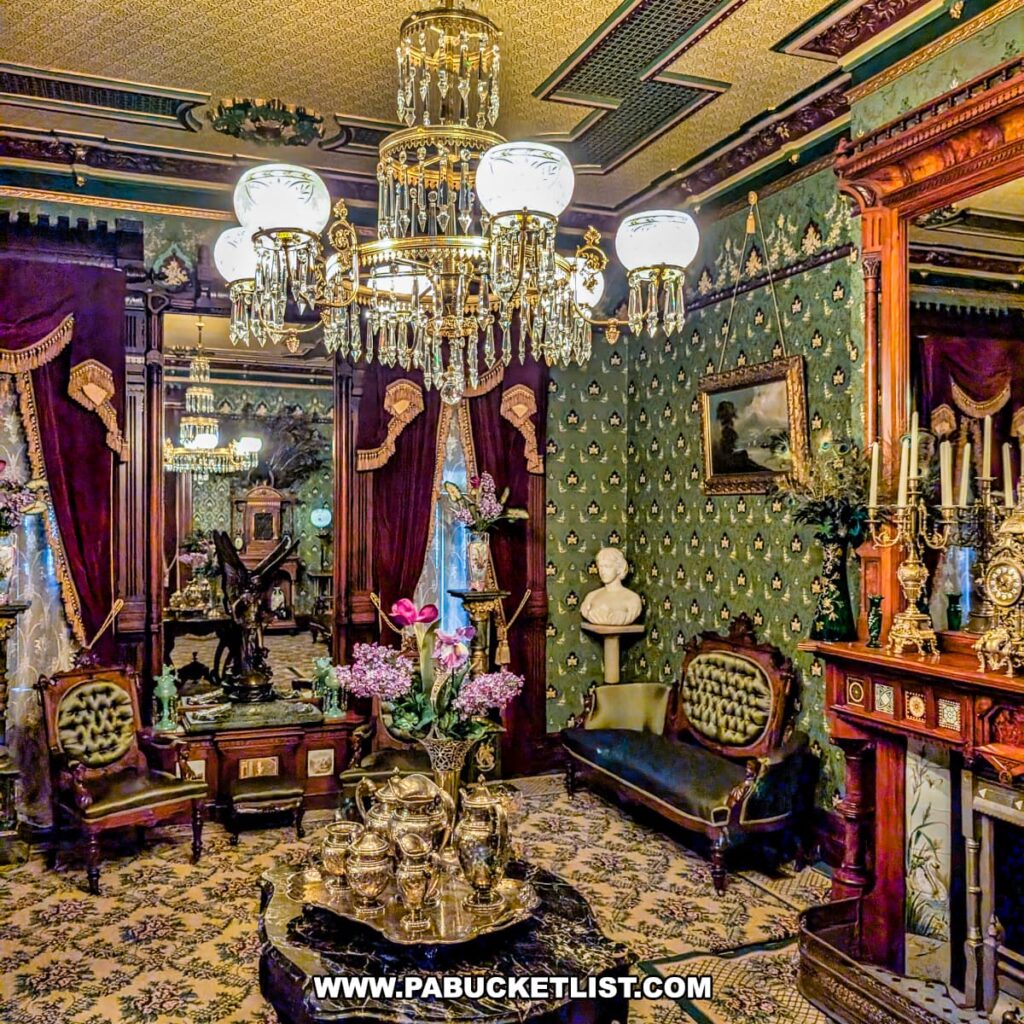 Victorian formal parlor at the Jackson Mansion featuring green patterned wallpaper, ornate wooden furnishings, a marble fireplace, crystal chandeliers, and plush seating accented by deep burgundy drapes.