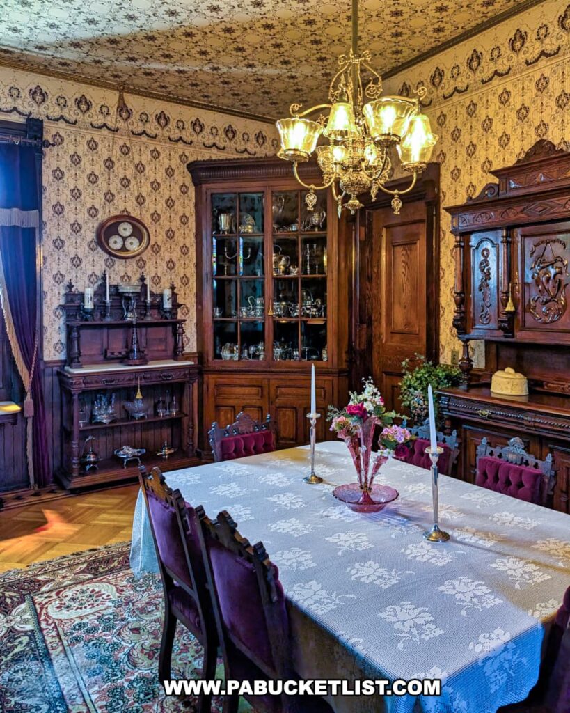 Victorian dining room at the Jackson Mansion featuring a lace-covered table set with candlesticks and floral arrangements, surrounded by carved wooden chairs, ornate cabinetry displaying fine glassware, and a decorative chandelier hanging from a patterned ceiling.