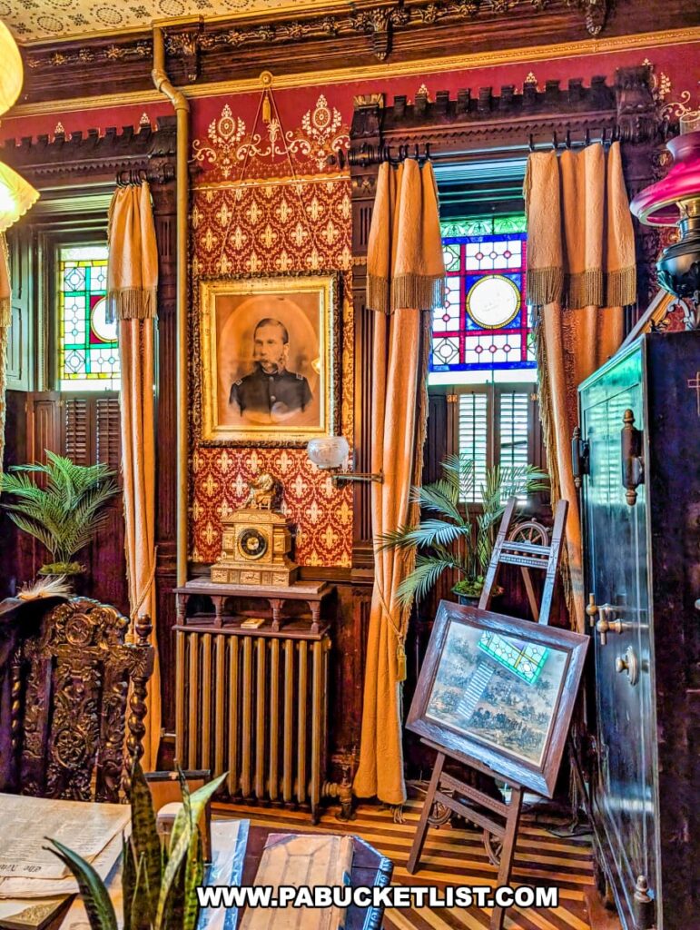 Victorian-era office at the Jackson Mansion featuring ornate red and gold wallpaper, stained glass windows, heavy drapes, a portrait of Colonel Clarence G. Jackson, antique furnishings, and historical artifacts.