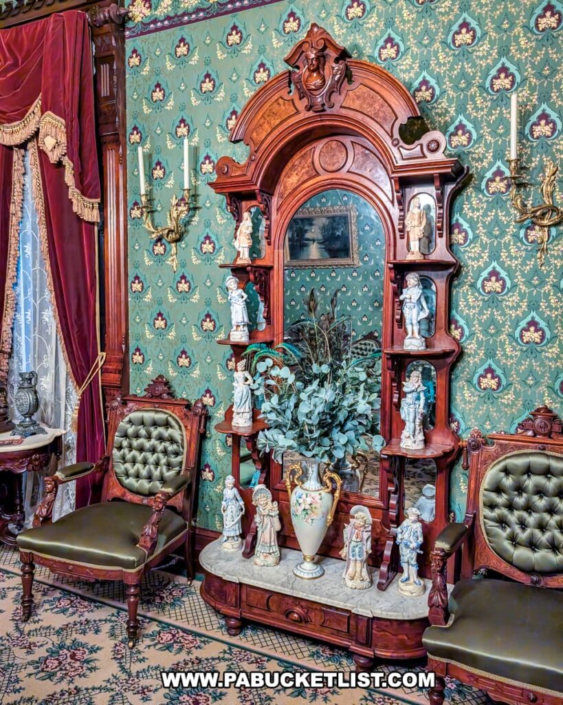 Victorian parlor at the Jackson Mansion featuring an ornate wooden mirrored display cabinet adorned with porcelain figurines, green tufted chairs, floral-patterned carpet, and green and gold patterned wallpaper with burgundy drapes.