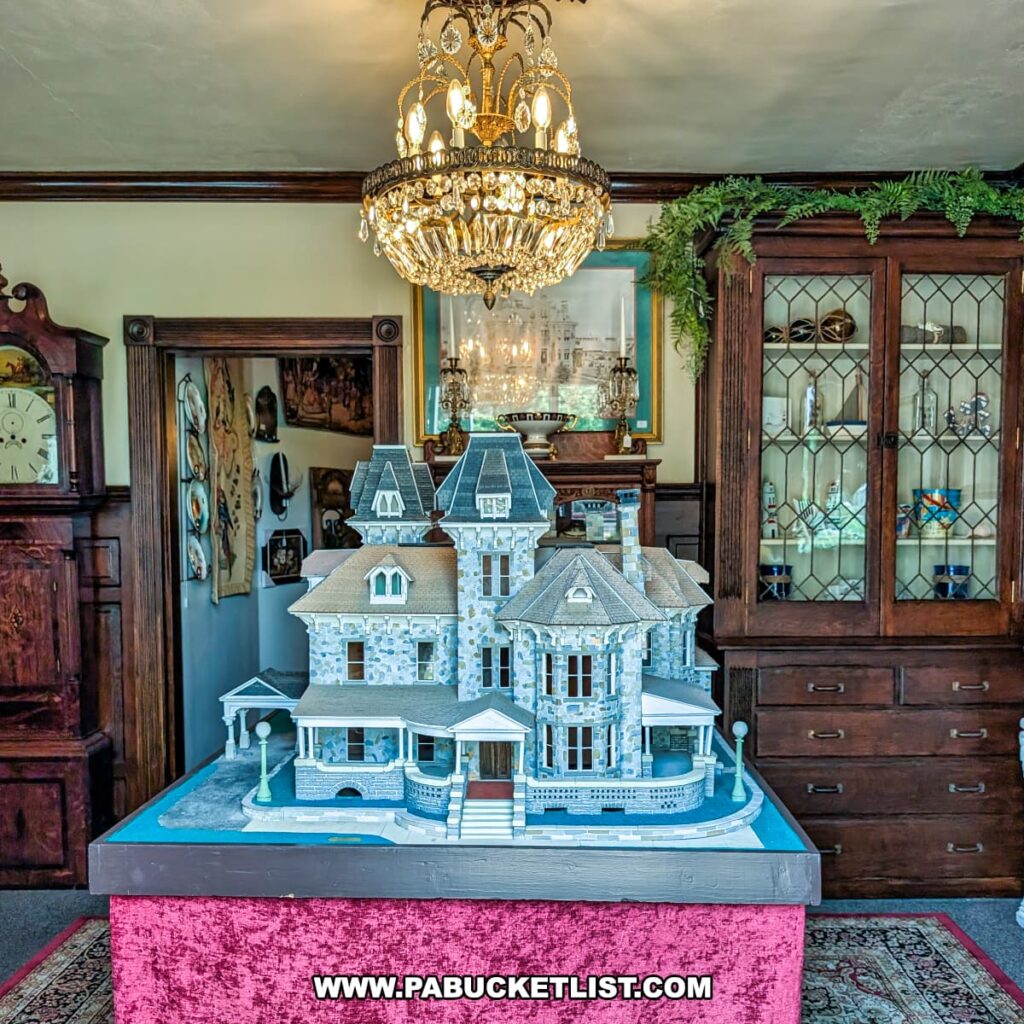 Scale model of the Jackson Mansion on display in the gift shop, showcasing the home’s intricate Second Empire/Italianate architecture beneath an ornate crystal chandelier, with antique furnishings and display cabinets in the background.