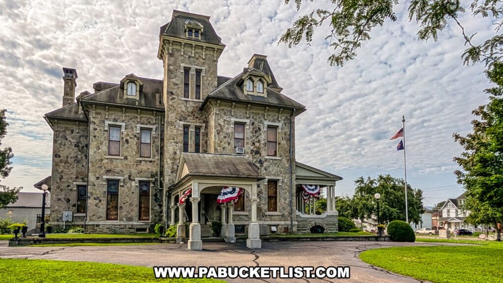 Side view of the Jackson Mansion in Berwick, Pennsylvania, showcasing its towering central structure, Vermont stone exterior, wraparound porch with patriotic bunting, and manicured grounds under a partly cloudy sky.